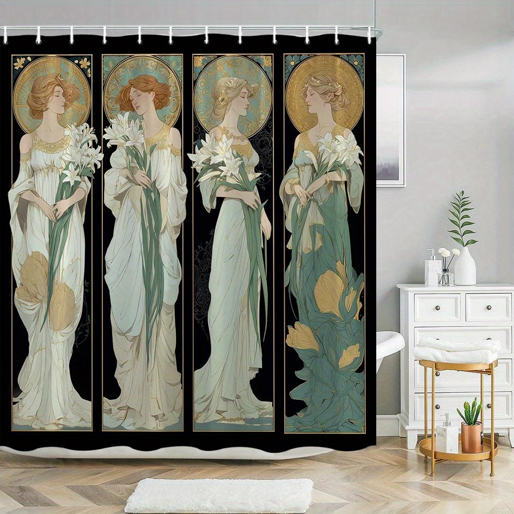 1Pc Floral Shower Curtain Vintage Elegant Ladies With Lilies Art Nouveau Style Bathroom Decor Polyester Fabric Bath Partition Cu