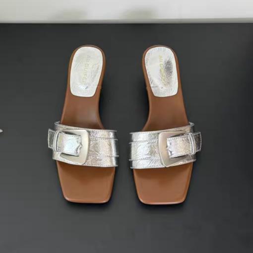 Fashion Leopard Buckle Slippers Loafers Shoes Woman Square Toe Women Heeled Sandals 2025 Trend Shallow Summer Flip Flops Casual Slides