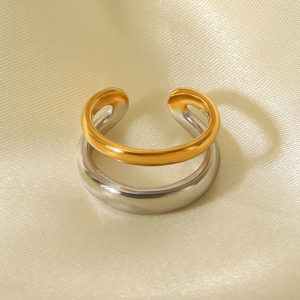Light luxury minimalist two-tone gold and silver titanium steel ring for women, non-fading, high-end stainless steel open ring