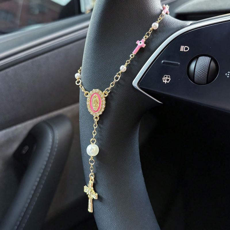 1pc Pink Pearl Cross Steering Wheel Rosary Ornament, Rosary Car Pendant Accessory, Unique Fashion Car Decor Accessory