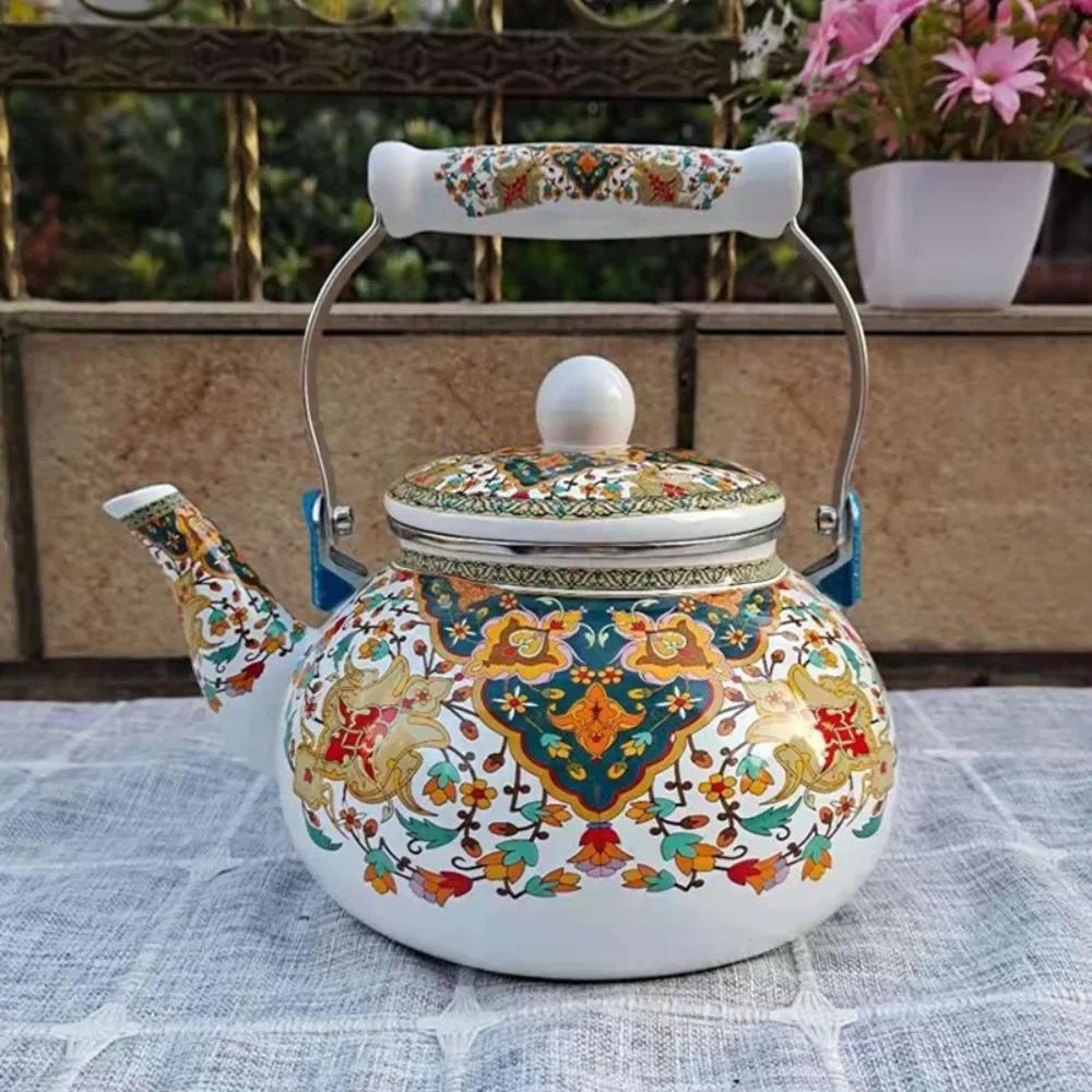Emaille-Teekanne im chinesischen Stil 2,5L/1,5L, Anti-Verbrühungsgriff, Gasherd-Kessel, birnenförmige florale Emaille-Kaffeekanne