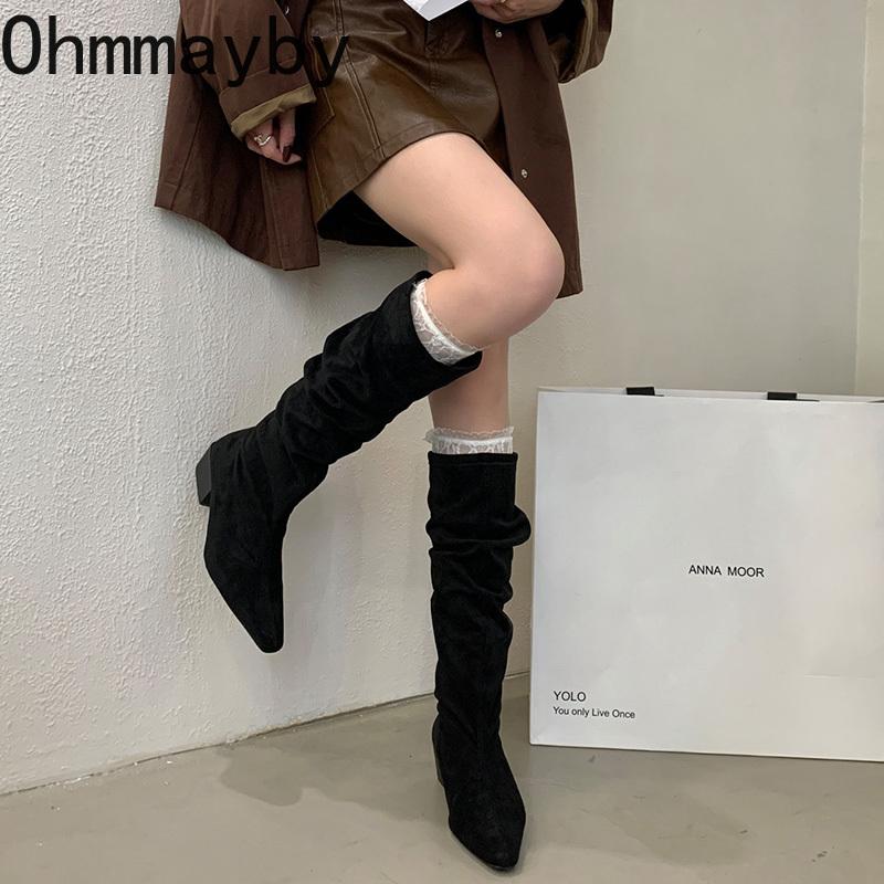 Design Pleated Woman Knee-High Boots Fashion Pointed Toe Long Booties Autumn Winter Square Heels Slim Shoes