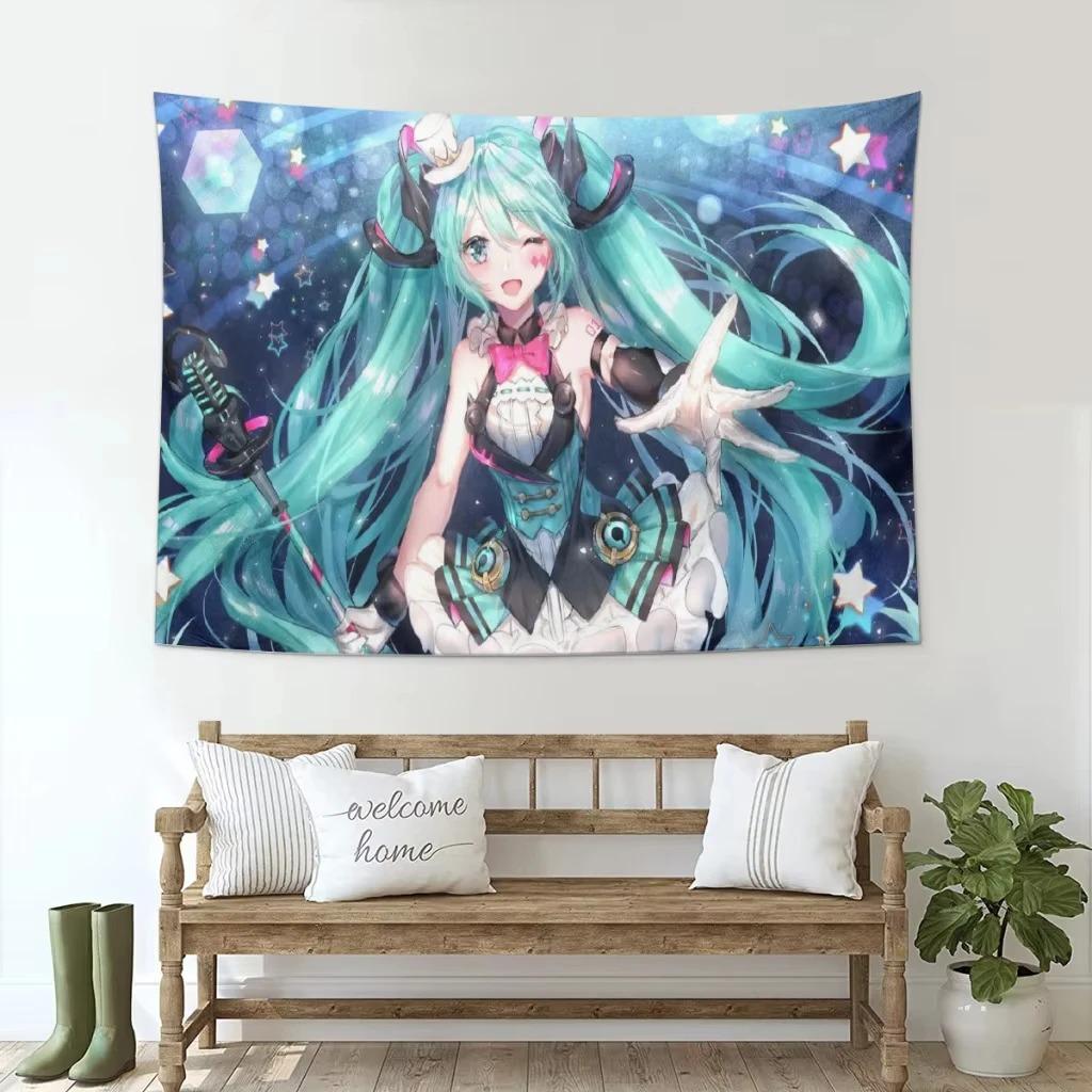 Neko Cat Girl Anime Tapestry Blue Hair Miku Print Polyester Wall Hanging Kawaii Otaku Decor for Bedroom  Living Room
