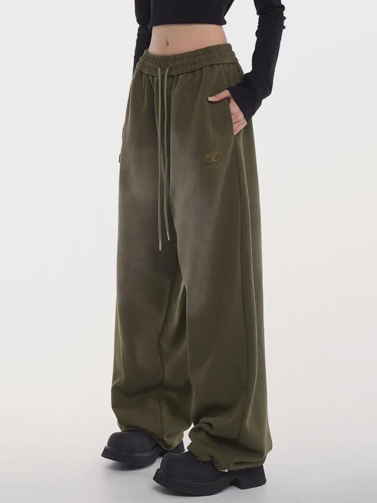 New Women's Green Sweatpants - Thick, Retro Hip-Hop Style, High-Street, Straight-Leg, for Autumn/Winter Casual Wear