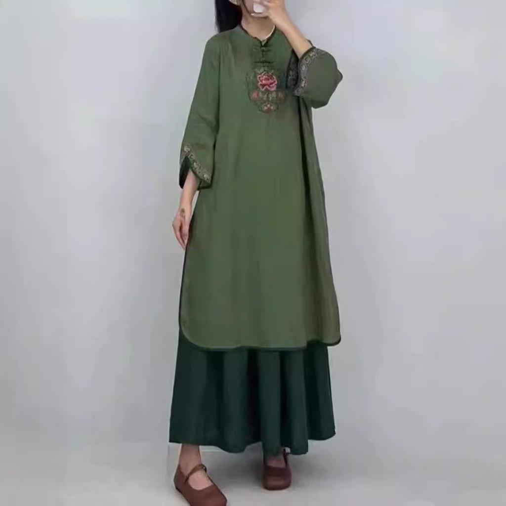 "Embroidered Cotton-Linen Cheongsam Summer Dress"