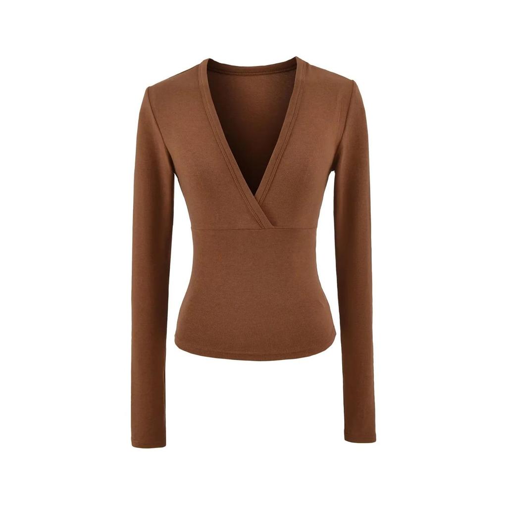 Women's Spicy American Deep V-neck Waist-cinching Long-sleeve T-shirt - Slim Fit for Autumn