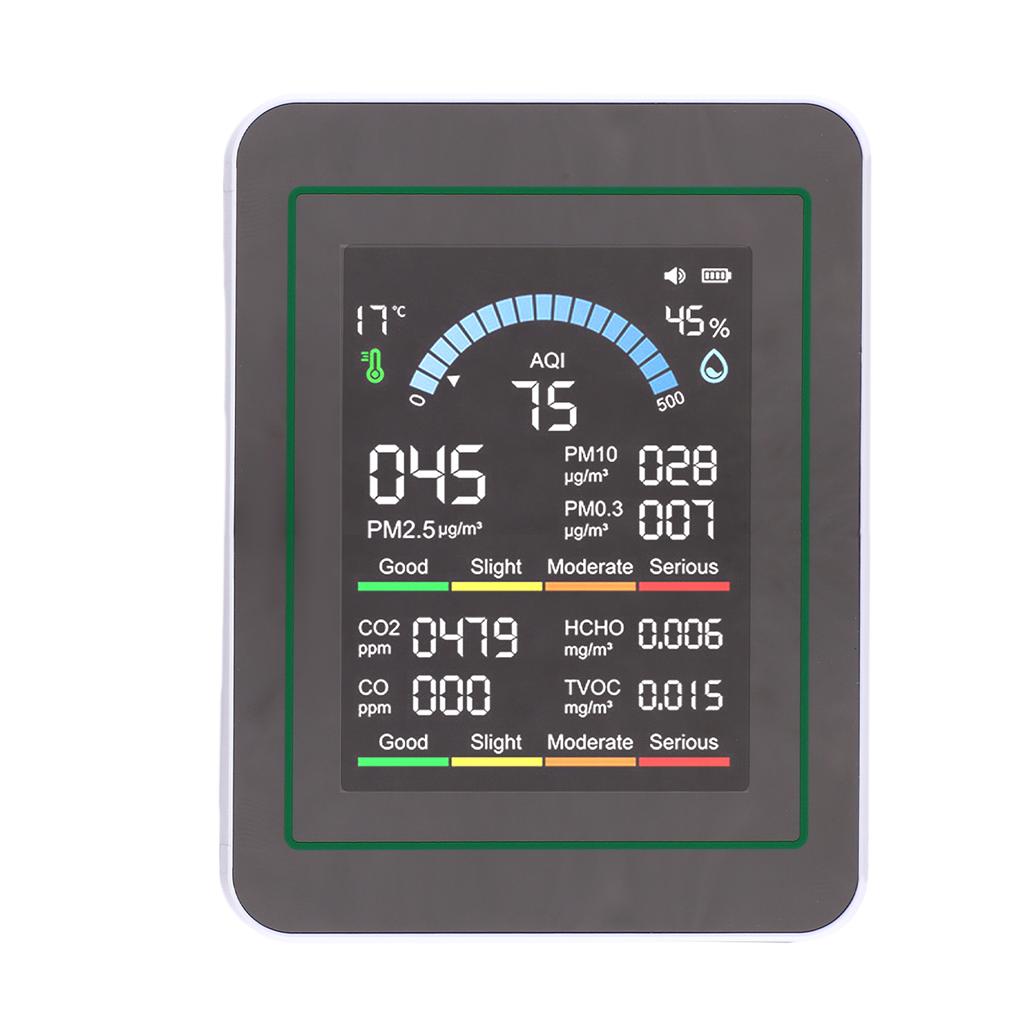 10 in 1 HCHO Meter, Portable Temperature and Humidity Meter with Color Screen for Home,  , Vehicle, Detect PM0.3 PM2.5 PM10 CO2 CO TVOC