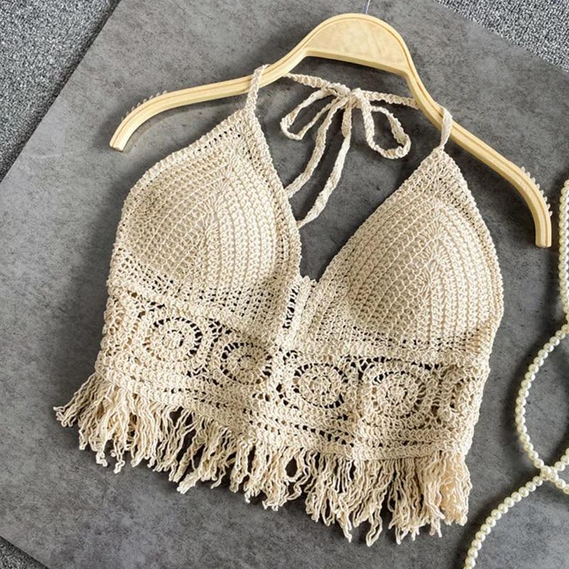 Sexy Boho Beach Holiday Košilka Halter Ženy Háčkování Pletené Plavky Podprsenka Vesta bez zad s dutým střapcem Tílko Dámské Crop Tops