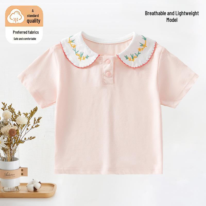 Infant & Toddler Short-Sleeve Doll Collar Cotton Shirt - Summer Girl s Stylish Top Size 100 for 23-29 lbs