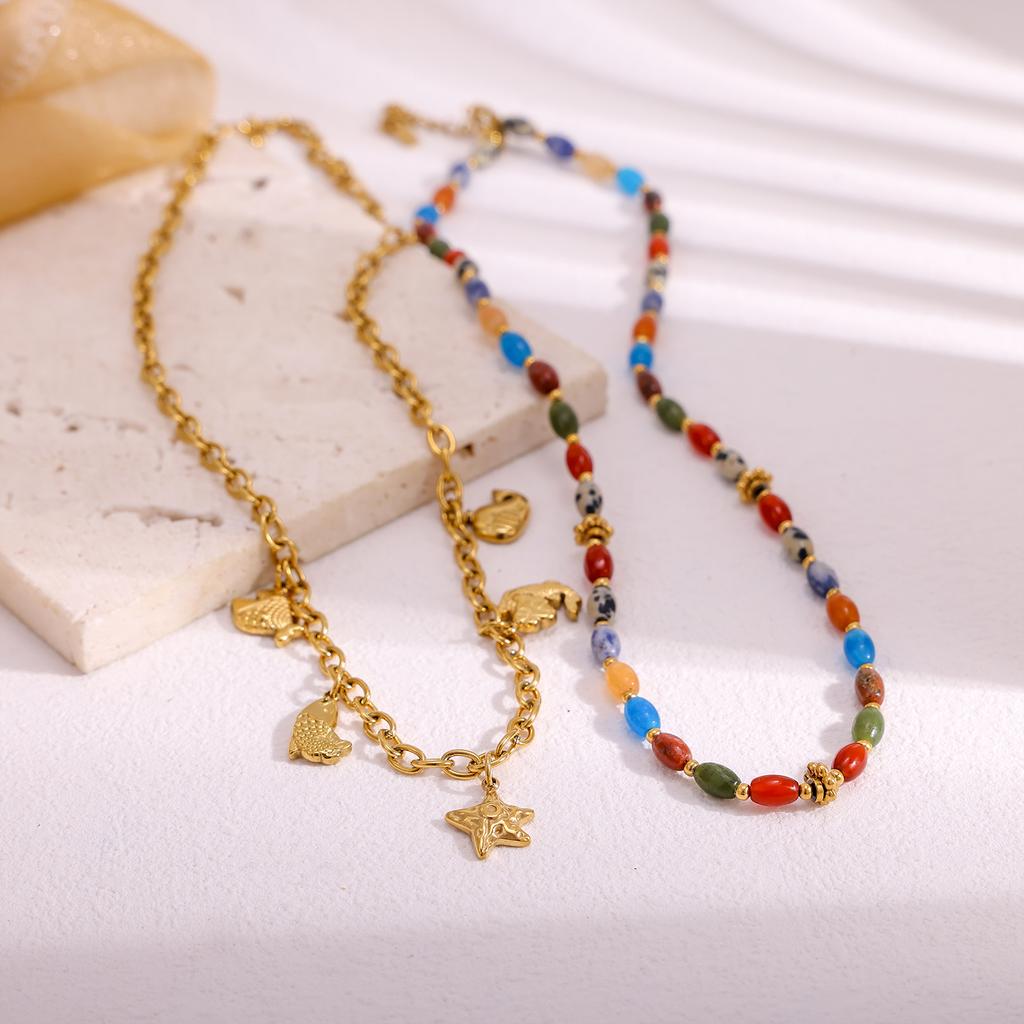 CARLIDANA INS Hot Sale Original Design Gold Plated Stainless Steel Natural Stone Women Trendy Sea Fish Tassel Pendant Necklace