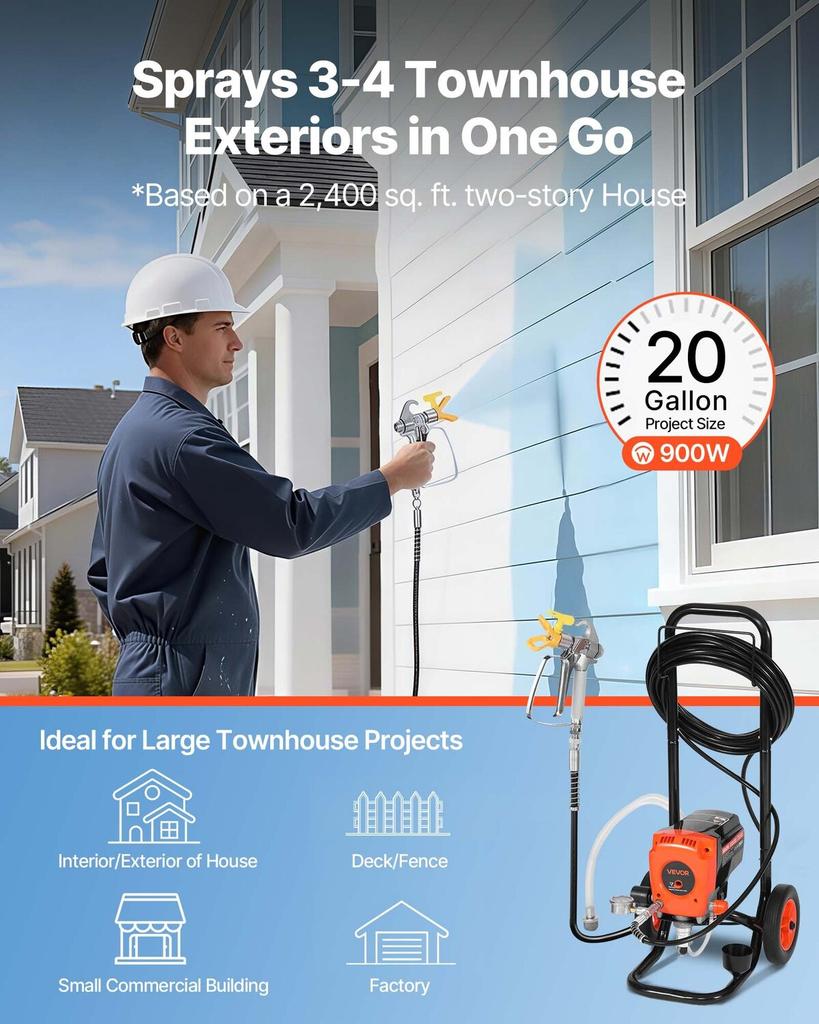 Stand Airless Paint Sprayer, 900W, 3300PSI High Pressure Airless Sprayer with Cart, Cleaning Brush, Hose, Extension Rod, Nozzles, Electric Spray Paint