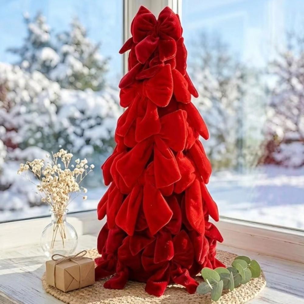 Soft Bow Tree Tower Handmade Craft Holiday Tabletop Decoration Velvet Bow Christmas Tree  Party