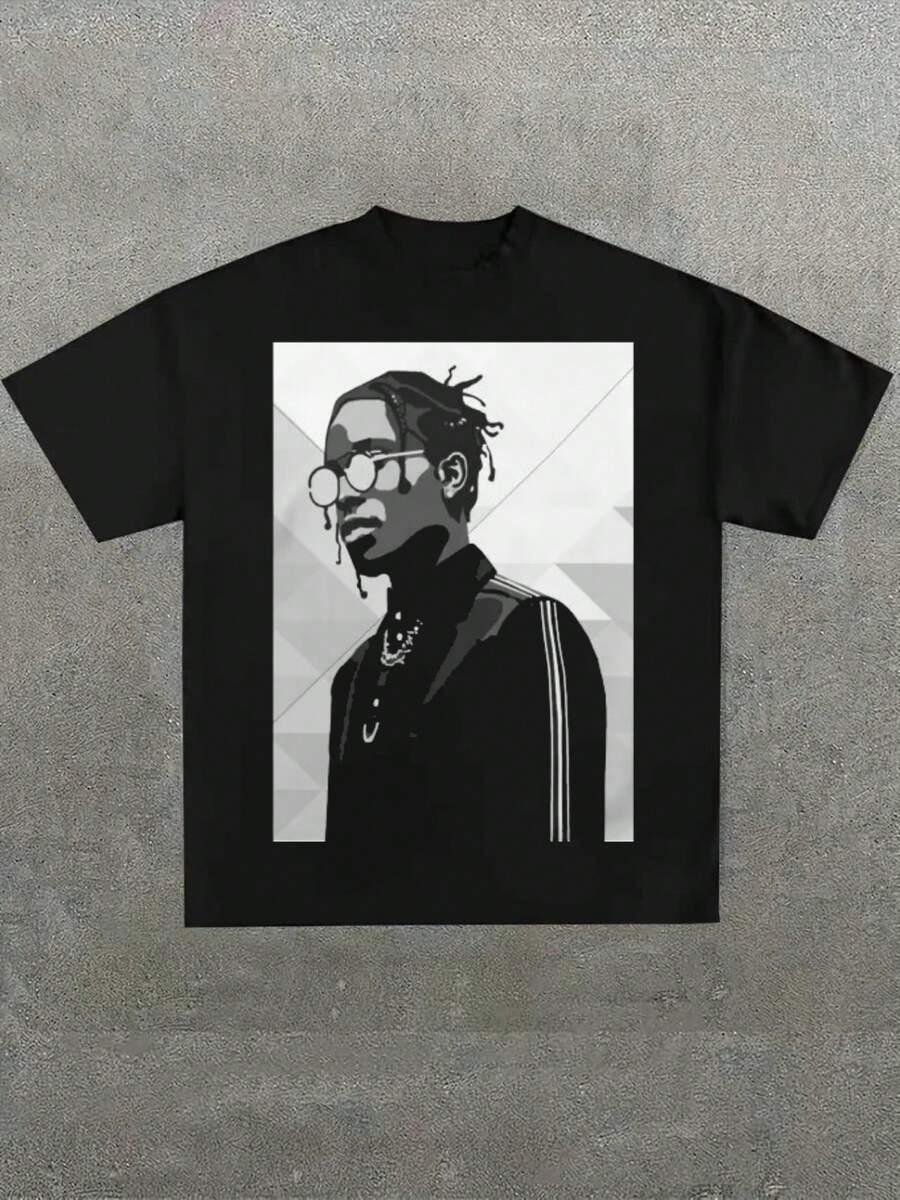 Y2K ASAP Rocky Minimalist Black And White Vector Portrait Print Graphic TeeCasual Print S