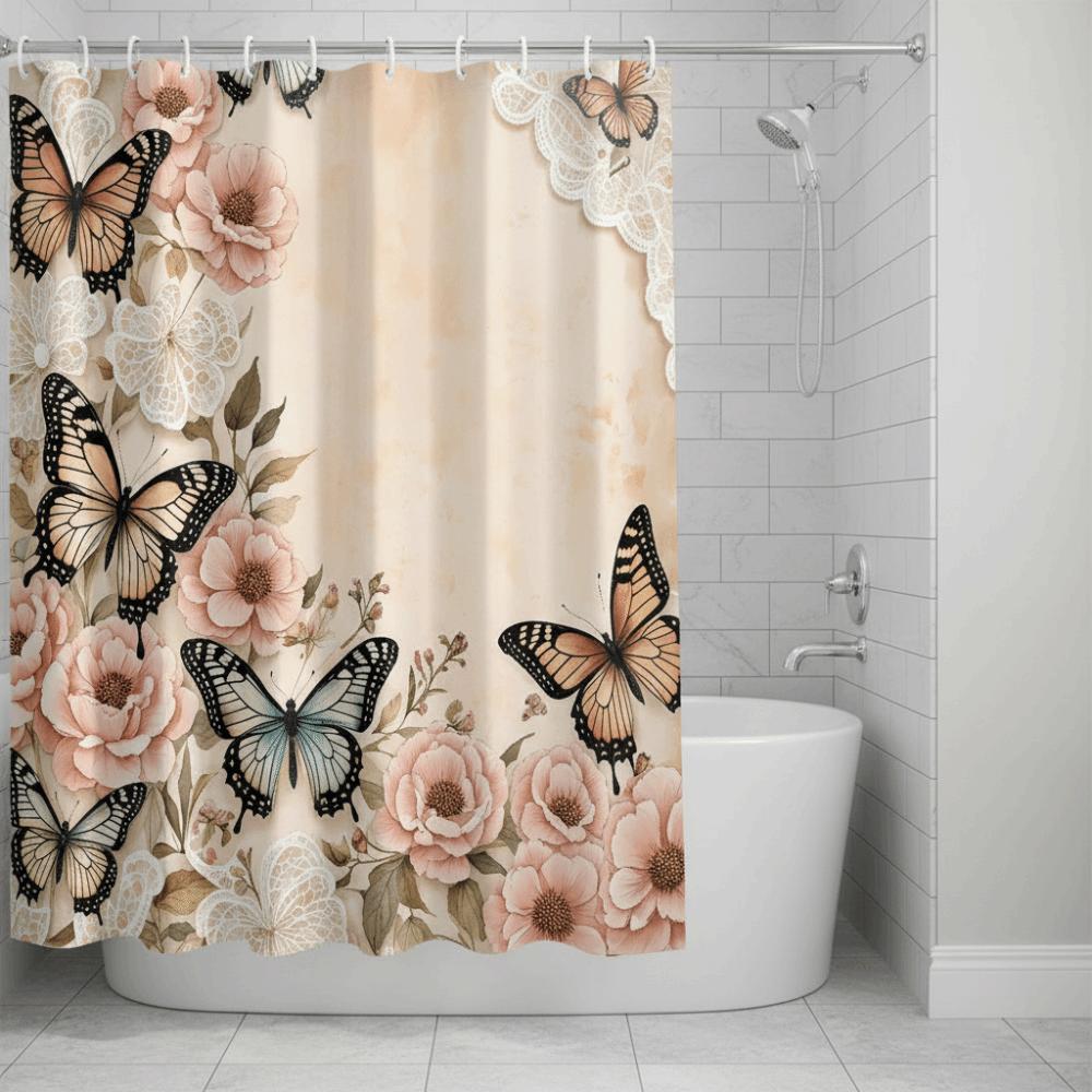 Modern Floral Printed Pink Butterfly Shower Curtain Bathroom Partition Curtain  Spring