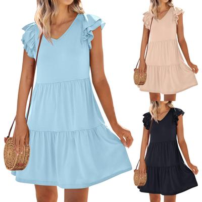 Womens Summer Dresses Ruffle Short Sleeve Smocked V Neck Casual Loose A-Line Swing  Dress Sundress