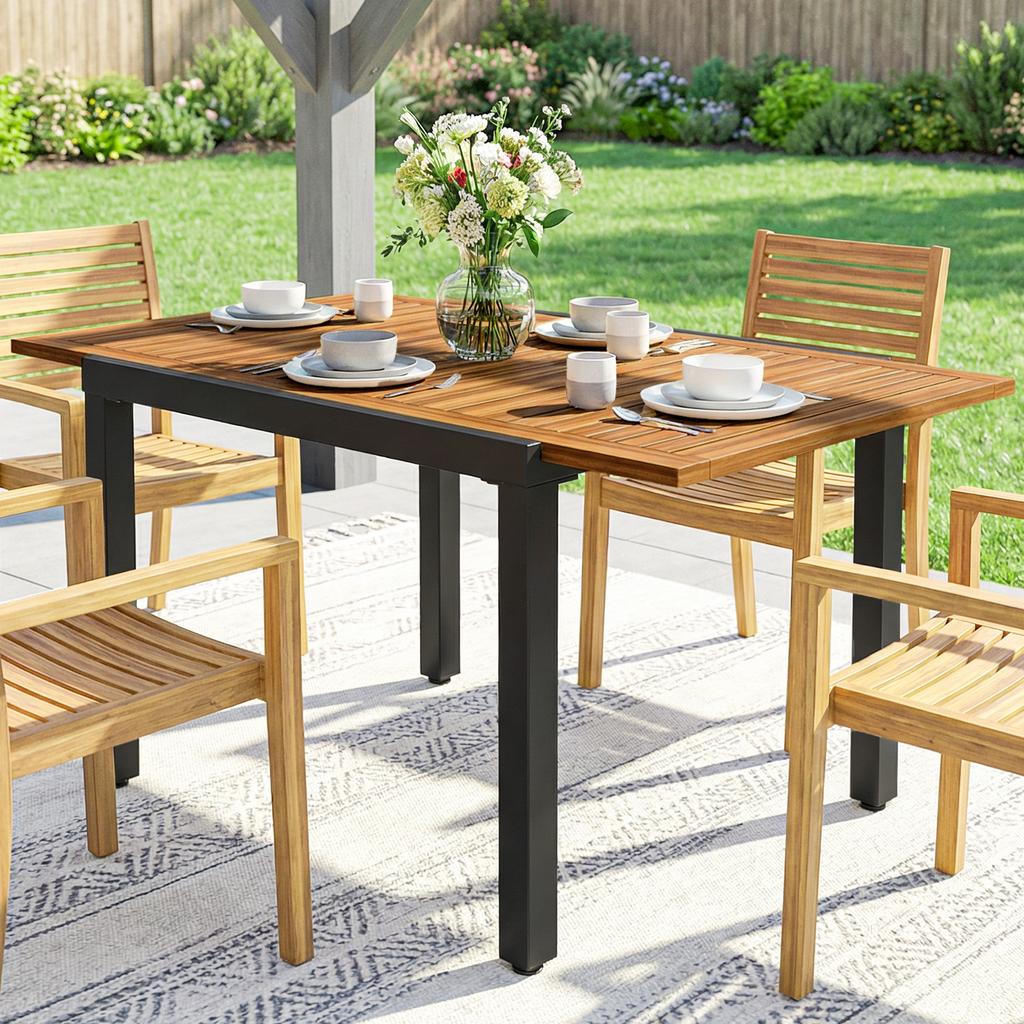 Patio Dining Table Expandable Outdoor Dining Table Acacia Wood Top 80-120 Cm Natural and Black