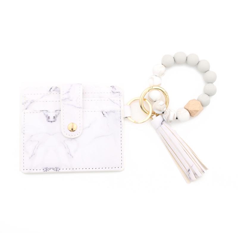 Leopard Print Silicone Bead Bracelet Wallet with PU Leather Tassel Keychain