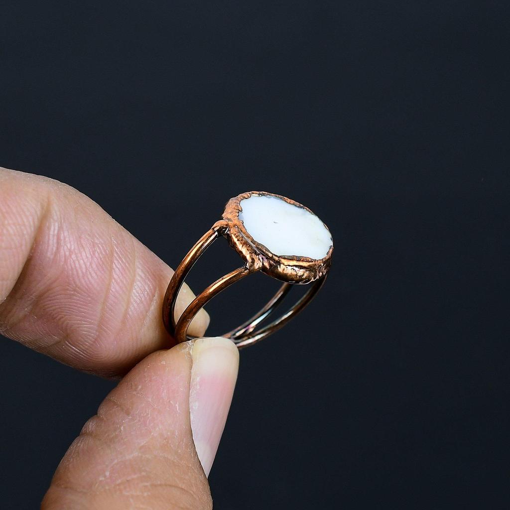 Mother Of Pearl Handmade Gemstone Ring, Copper Electroformed Ring Antique Jewelry, Adjustable Ring Engagement Gift