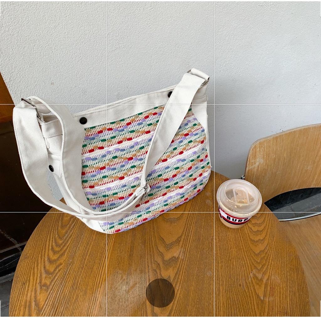 Stylish Rainbow Tote Bag Large Capacity Cotton Shoulder Bag For Women Daily Use