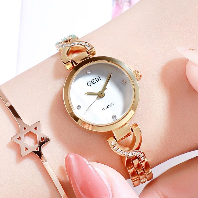 Fashion Accessorie Women's Gold/Black Korean Fashion Student Quartz Watch, Trendy Girlfriend Small Dial Watch, Exquisite Diamond-Encrusted Watch