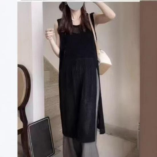 

Women s 2026 Summer Resort Knit Midi Skirt & Cardigan Set - Hollow-Patterned Long Split Vest Dress One Size [80-120] чорний
