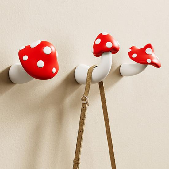 Cute Mushroom Wall Hook Decorative Key Holder Hook No Drill Wall Mounted Red Mushroom Hook for Bedroom Bathroom Entryway Coat Scarf Bag Towel