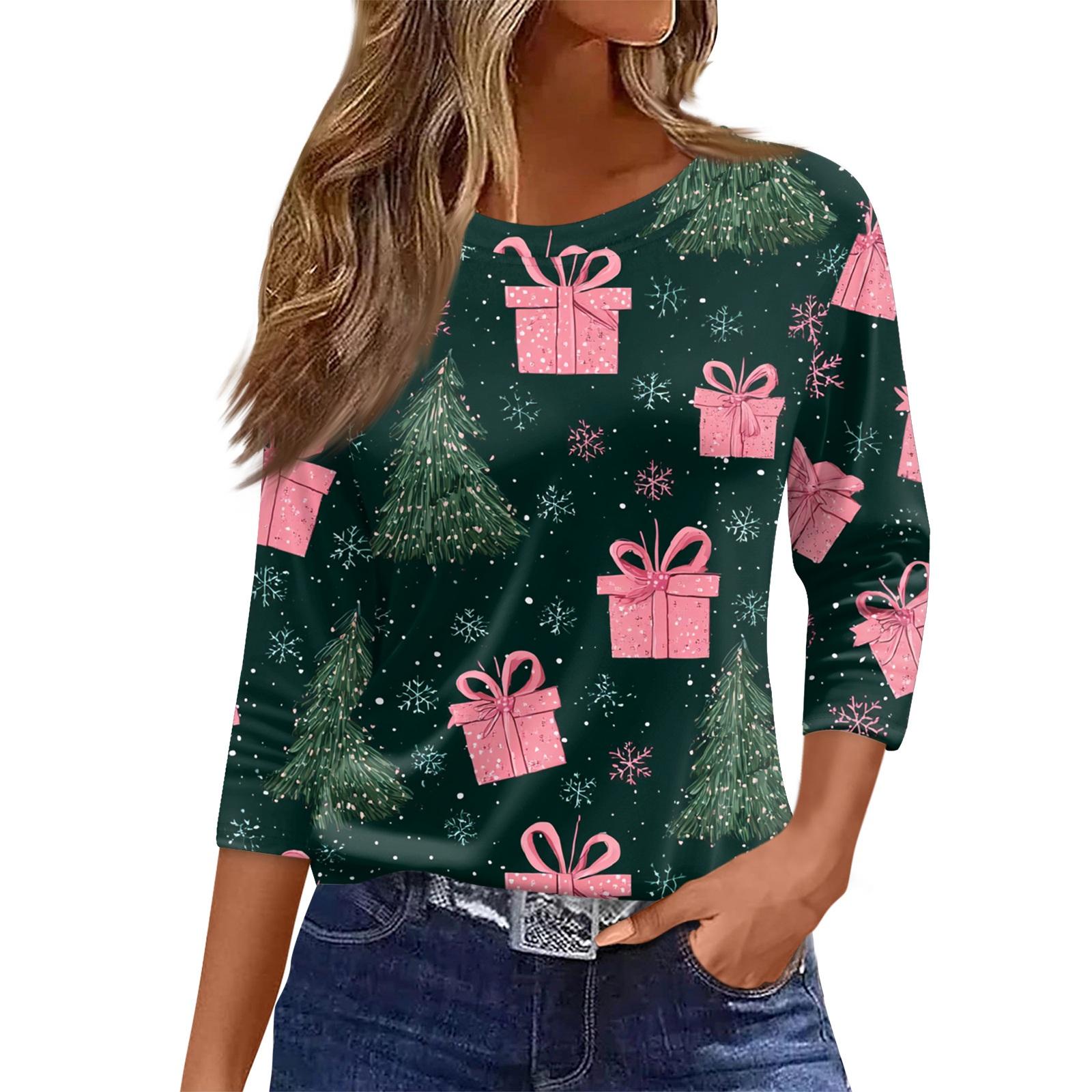 

Женский топ с круглым вырезом и рукавом 3/4 с рождественским принтом S