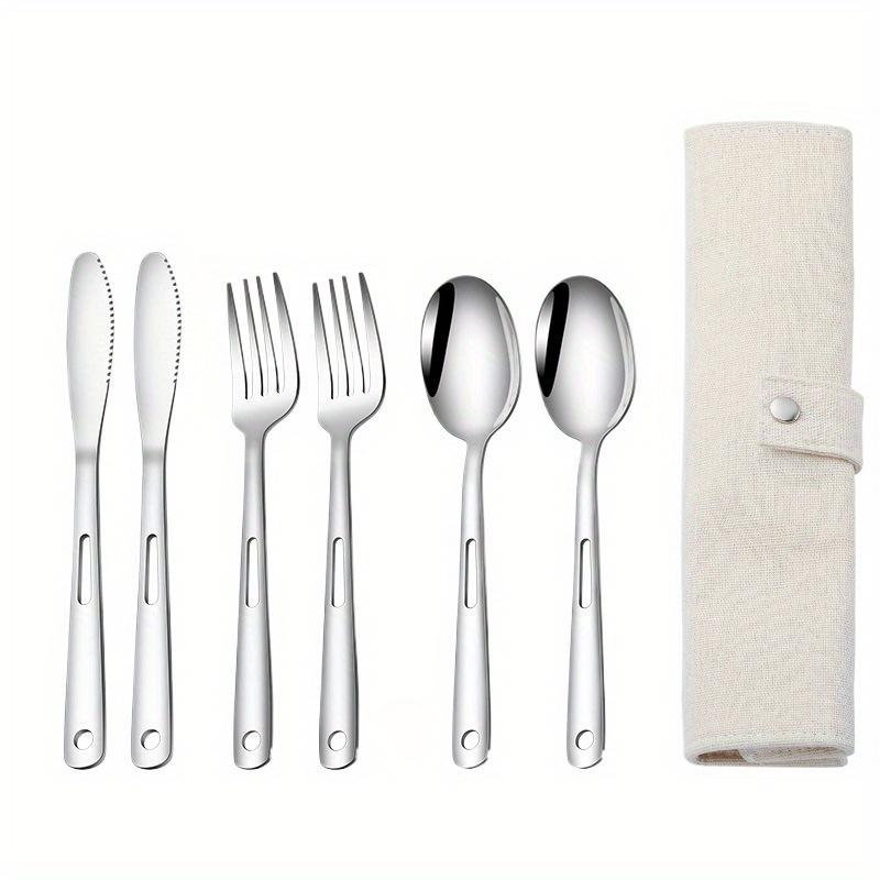 

Набор столовых приборов из нержавеющей стали для использования на открытом воздухе из 6 предметов - прочные, портативные и простые в уходе столовые приборы для кемпинга, пикника и праздничных встреч серебряный