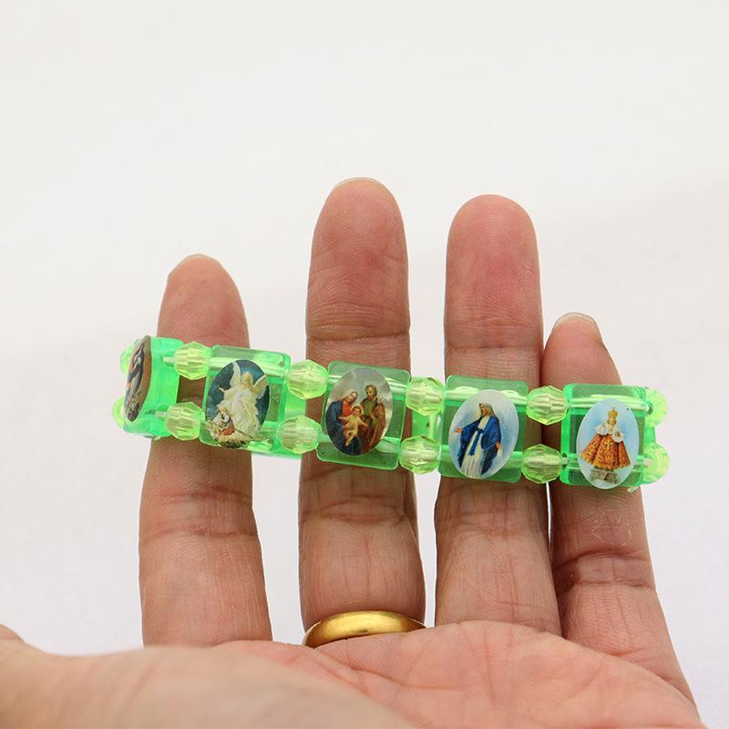 Vintage Jesus And Virgin Mary Pvc Rosary Bead Bracelet With Elastic Band Religious Image Stickers For Daily Wear Parties