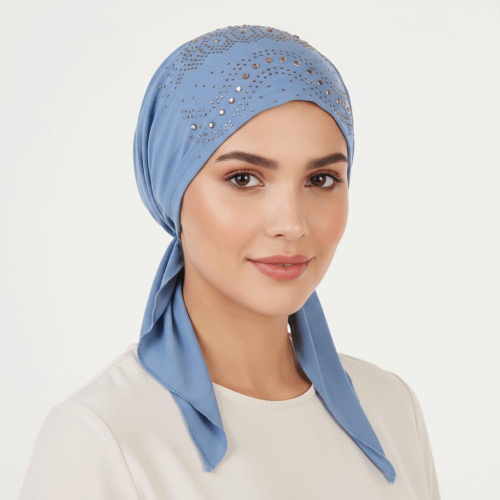 Solid Color Muslim Headscarf Hat Thin Summer Rhinestone Hijab Caps Ramadan