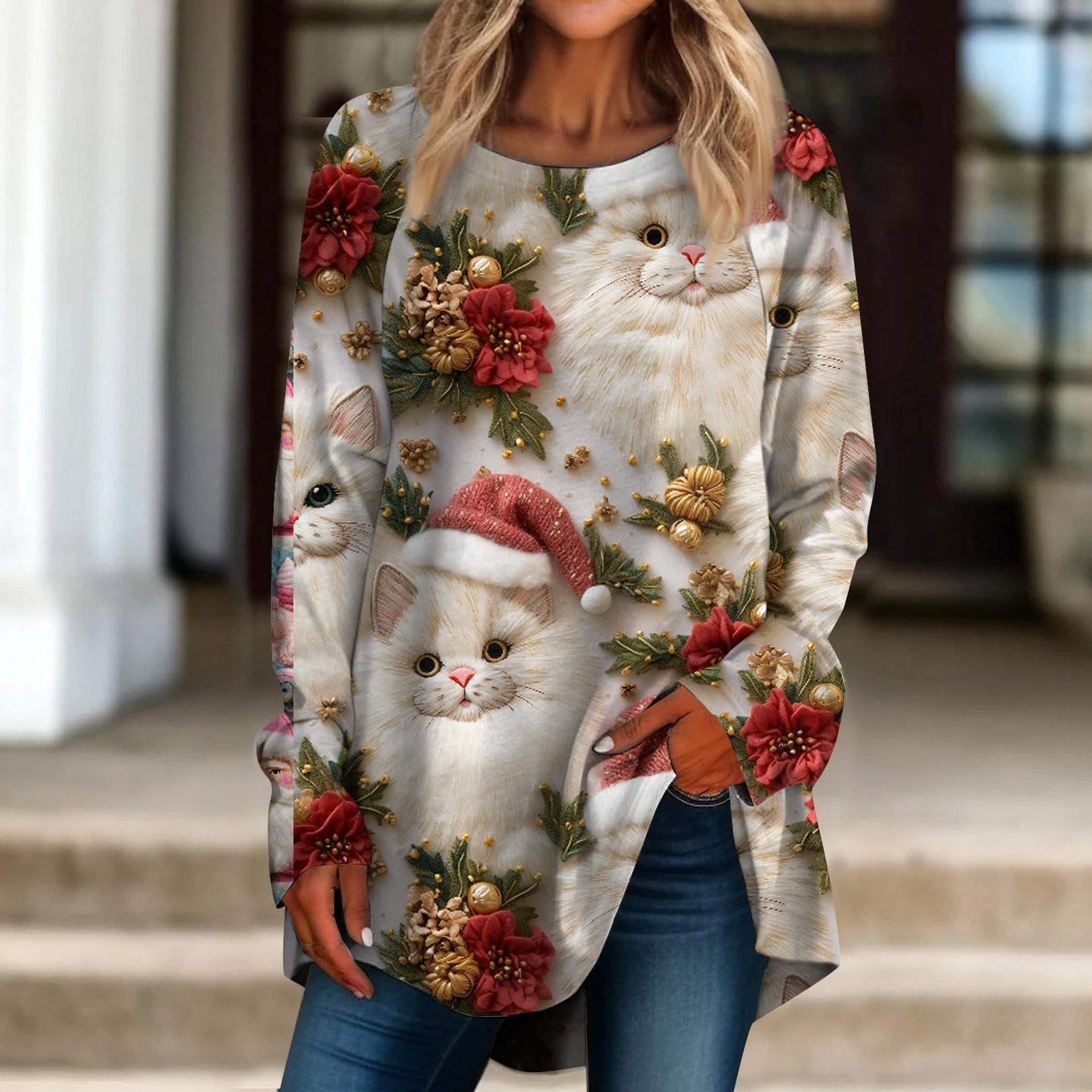 

Женская повседневная футболка больших размеров с длинными рукавами и круглым вырезом с 3D рождественским принтом, топ, пуловер XXL хаки