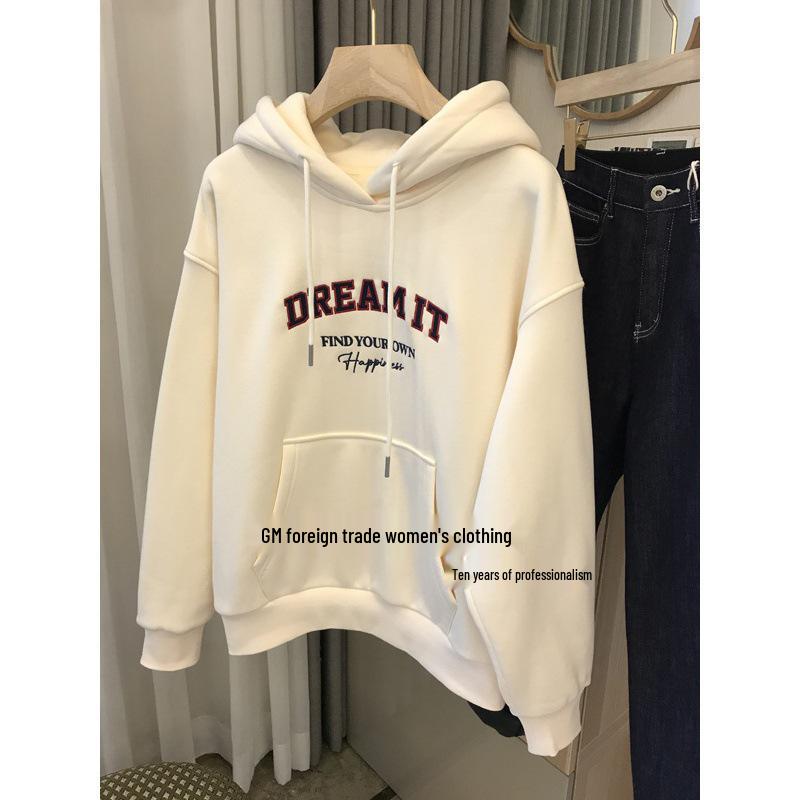 

Трендовая осенне-зимняя толстовка с капюшоном на бархатной подкладке для женщин: Свободный, Стильный, Ленивый Дизайн. 2XL