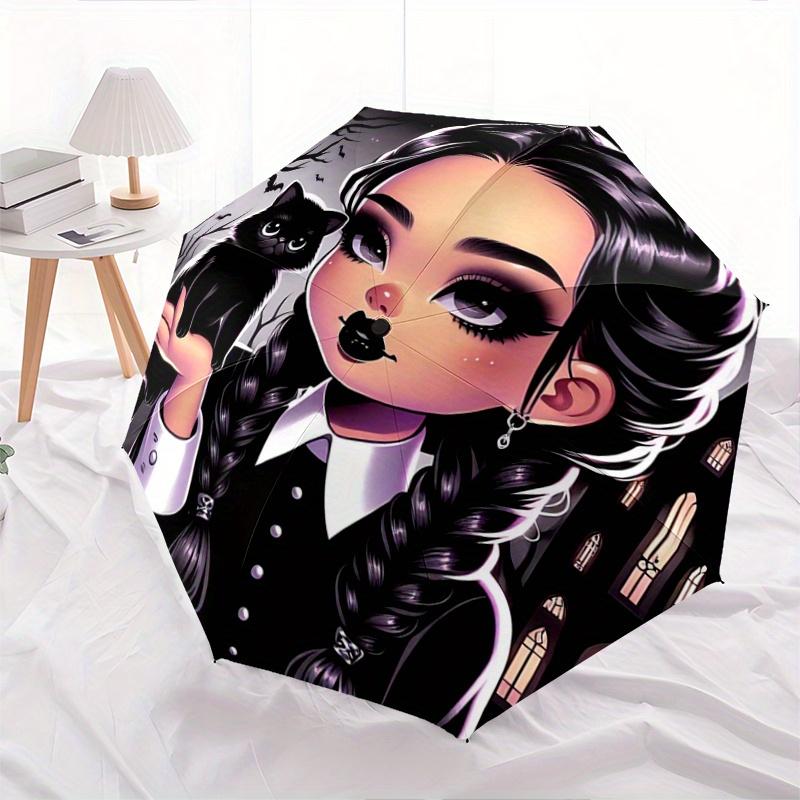 

1pc Dark Elegance Addams Pattern Beautiful Looking Automatic Folding Cartoon Fashion Umbrella, 3 Folding, 8 Practical Iron Frame Design, Durable and S