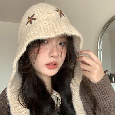 1Pieces Women Warm Windproof Ear Protection Hat Scarf Small Flower Casaul Knitted Hat Mountaineering Scarf