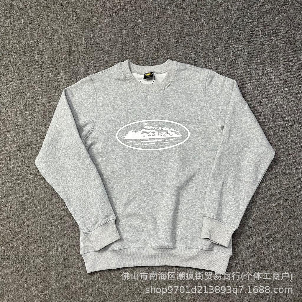 Corteiz Classic Series Ship Print Logo Thin Plush Loop Hooded Sweater, Trendy Men's and Women's Casual Sweatpants