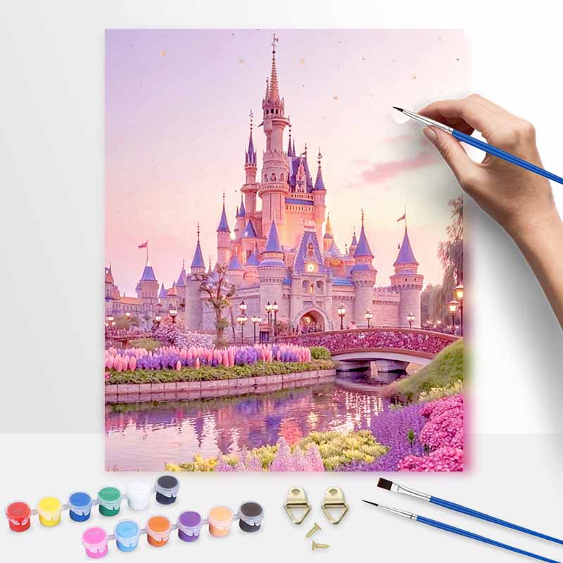 Disney digital oil painting fantasy castle floral garden landscape art handmade diy gift home decoration