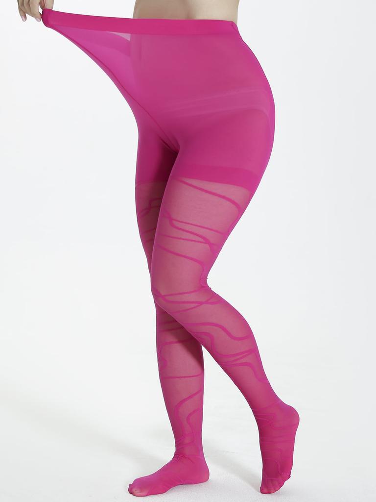 Women's Plus Size Abstract Linear Jacquard High Rise Pantyhose - 40 Denier Stretchy Stockings for Casual Wear