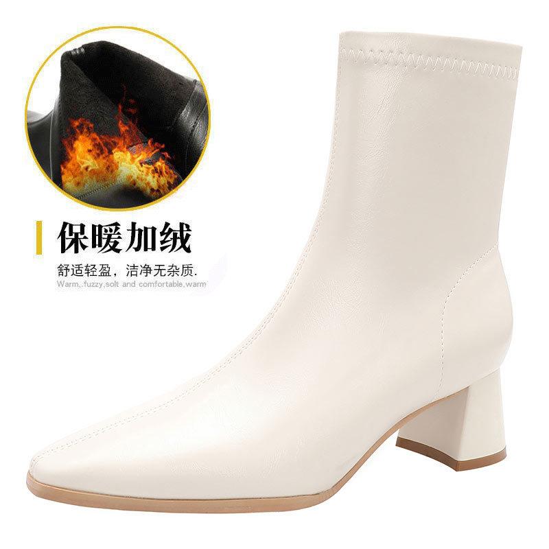 High-heeled short boots women's 2025 autumn and winter new pointed thick-heeled thin boots women's leather boots white French medium boots