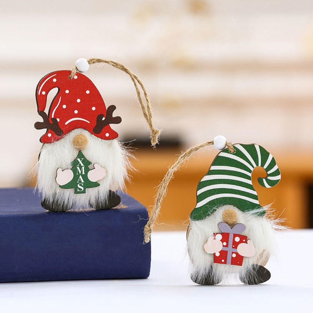 Decorative Wooden Gnome Pendants 2D Xmas Elf Doll Ornaments  Christmas Gift