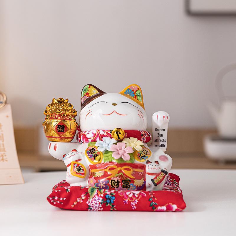 Electric Waving Lucky Cat Ceramic Ornament for Home, Living Room, Shop, or Cashier Desk.