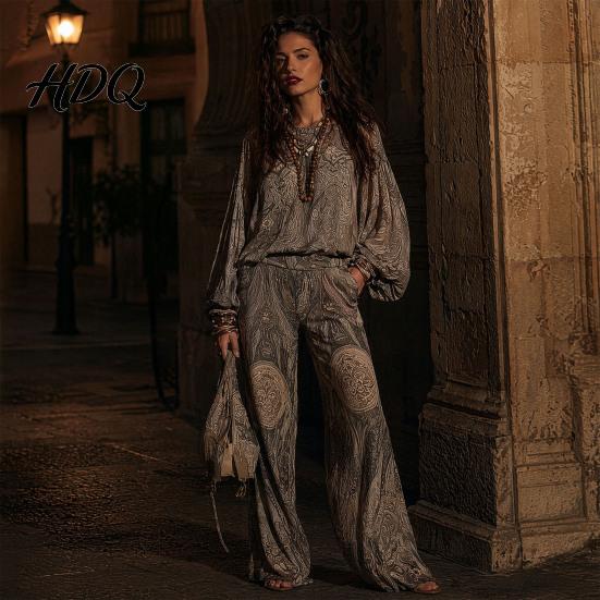 Round Neck Top Women Boho Print 2 Piece Sets for Women Casual