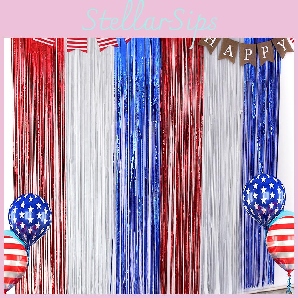 Festive Red Silver And Blue Foil Tinsel Curtain For Independence Day Celebration