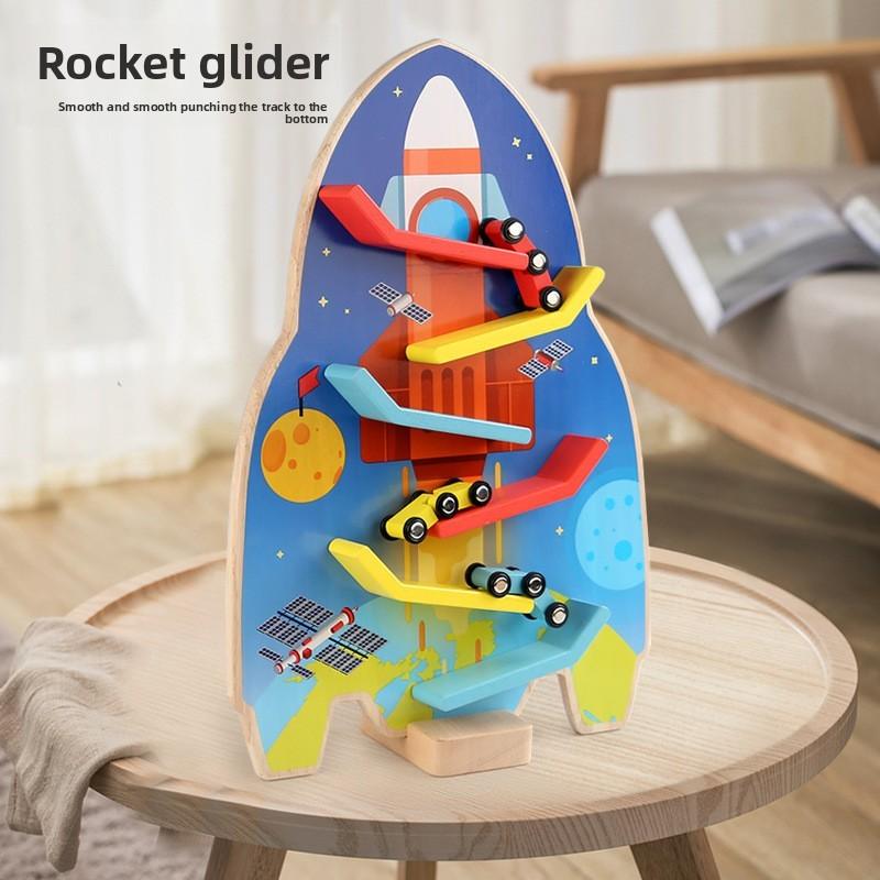 Wooden Rocket Track Toy With Inertia Mechanism For Kids Educational Play