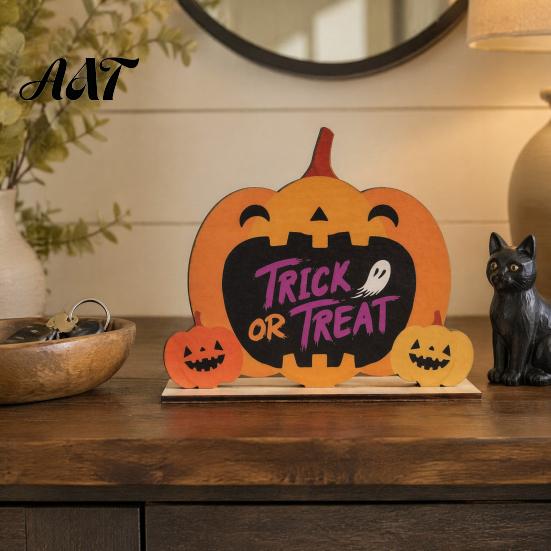 Decorative Fall Table Sign Halloween Wooden Sign, Cute Pumpkin Boo Ghost Holiday Window Display Ornament Tabletop Centerpiece for Indoor Mantel