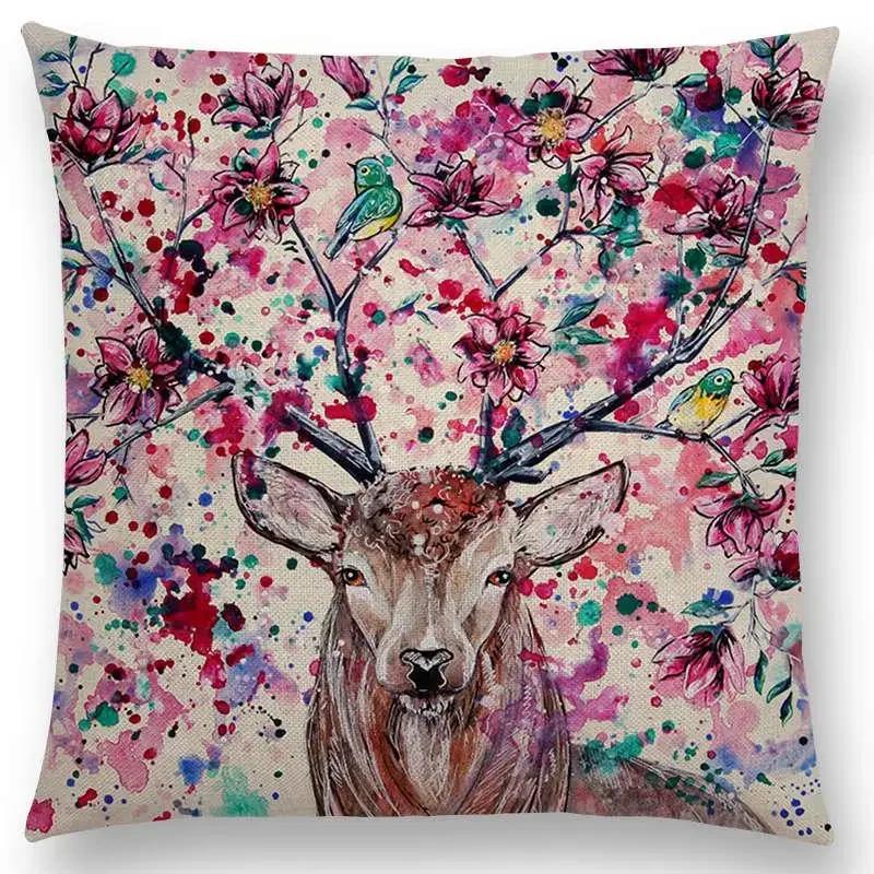 Oil Painting Animals ELK Cushion Cover Deer Lion Dogs Fox Bird Horse Sofa Throw Pillow Case