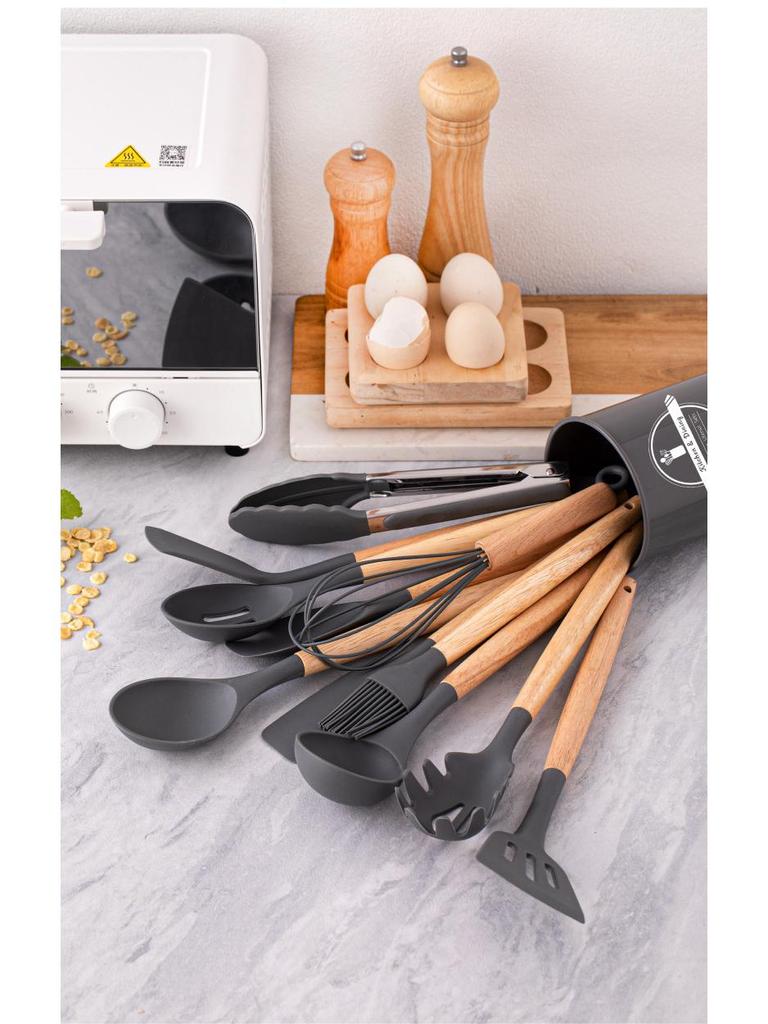 12-Piece Silicone Kitchenware Set with Wooden Handles: Non-Stick Cooking Spatulas and Tools
