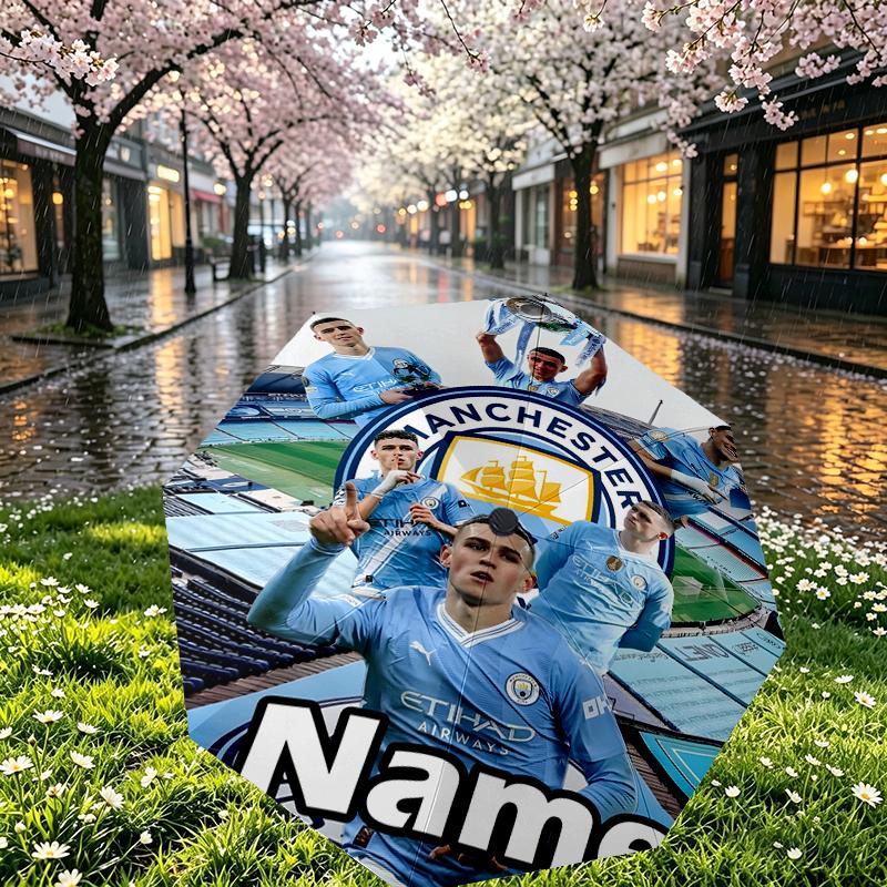 Custom Name Personalized Manchester City FC Print Umbrella, Auto Open Close, 8‑Rib Sturdy Frame, Commute Camping Hiking Use, Birthday Gift