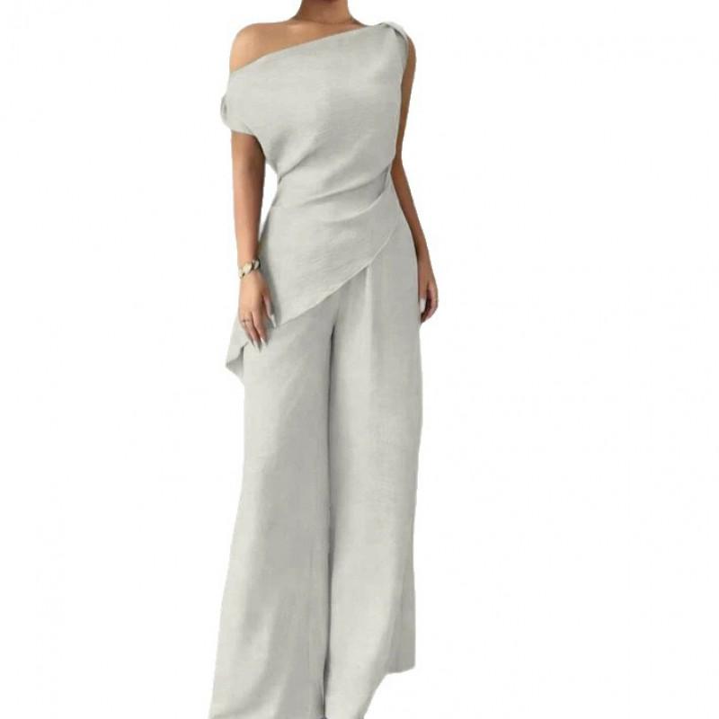 2026 Womens Off-Shoulder Sleeveless Solid Color Wide Leg Pants Set Casual Outfit