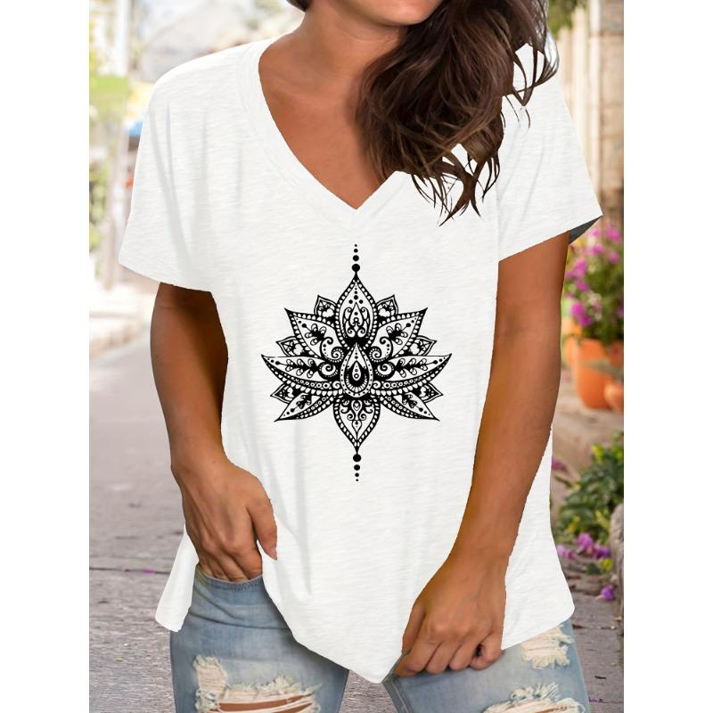 

Lotus Print Large Size Women s V-Neck Short Sleeve T-Shirt S