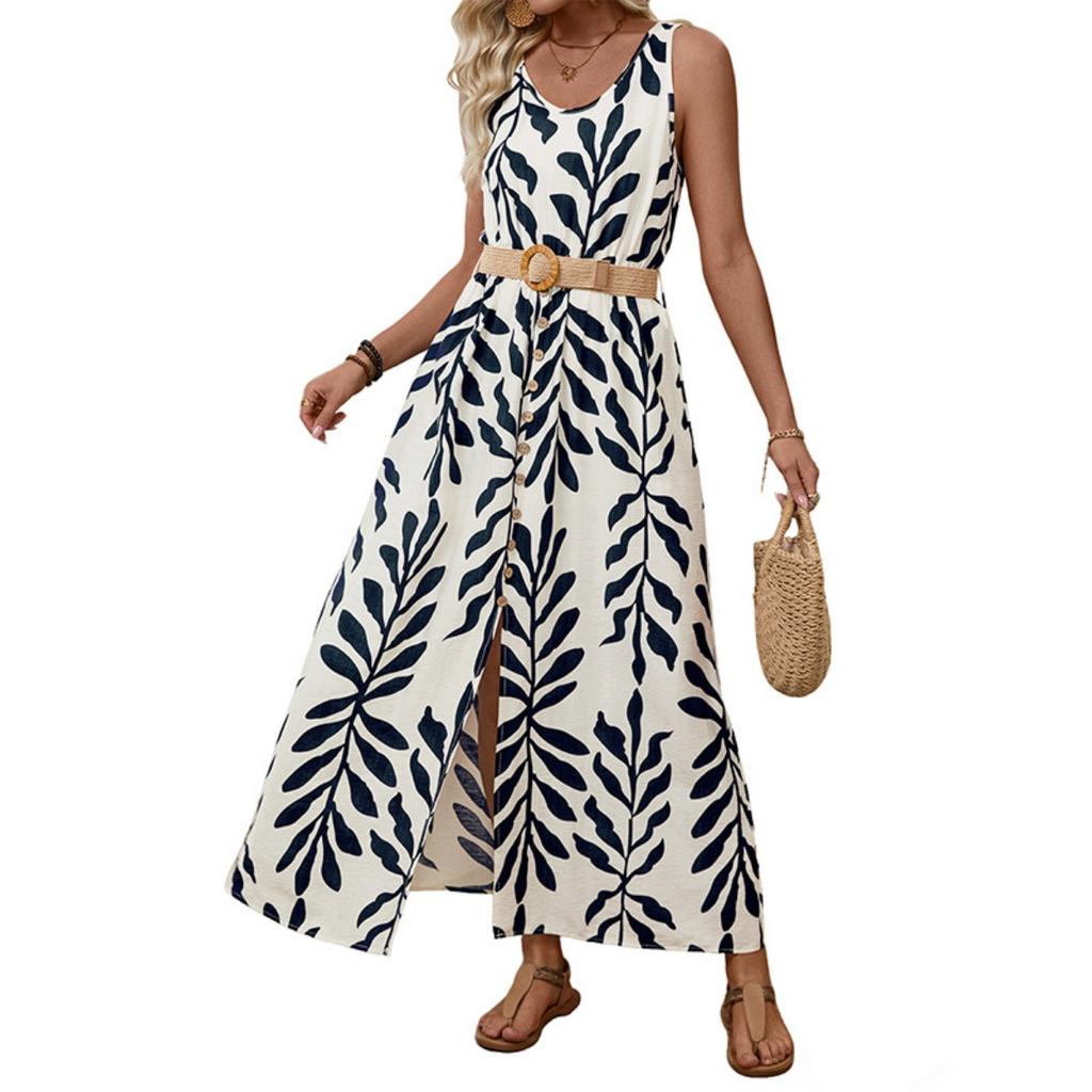 New Sleeveless Leaf Print Maxi Dress With Belt Vacation Style Holiday Long Dress For Women